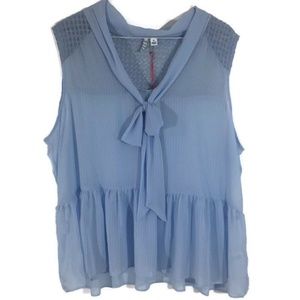 Elle Blue Blouse Semi Sheer Sash Tied Neck XL